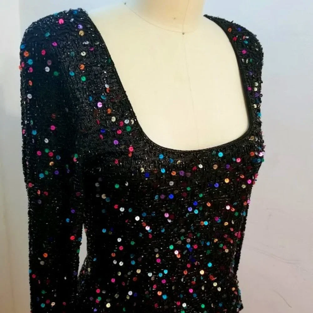 EUC | STUNNING | Oleg Cassini | Black Beaded Dress | Confetti Sequins | Size: 12 - Picture 2 of 16